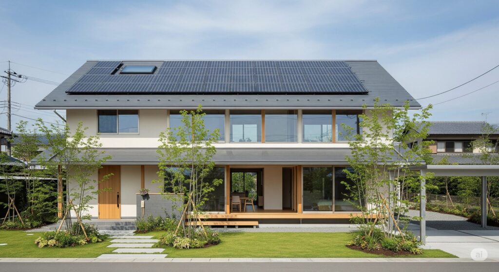 太陽光パネルや高性能窓が特徴の省エネ新築住宅の外観イメージ