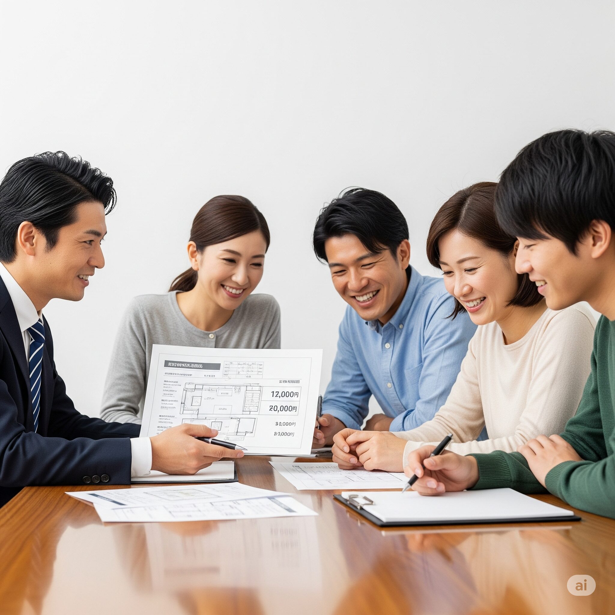 新築プランについて話し合う家族と、それに寄り添うスマート建築の担当者