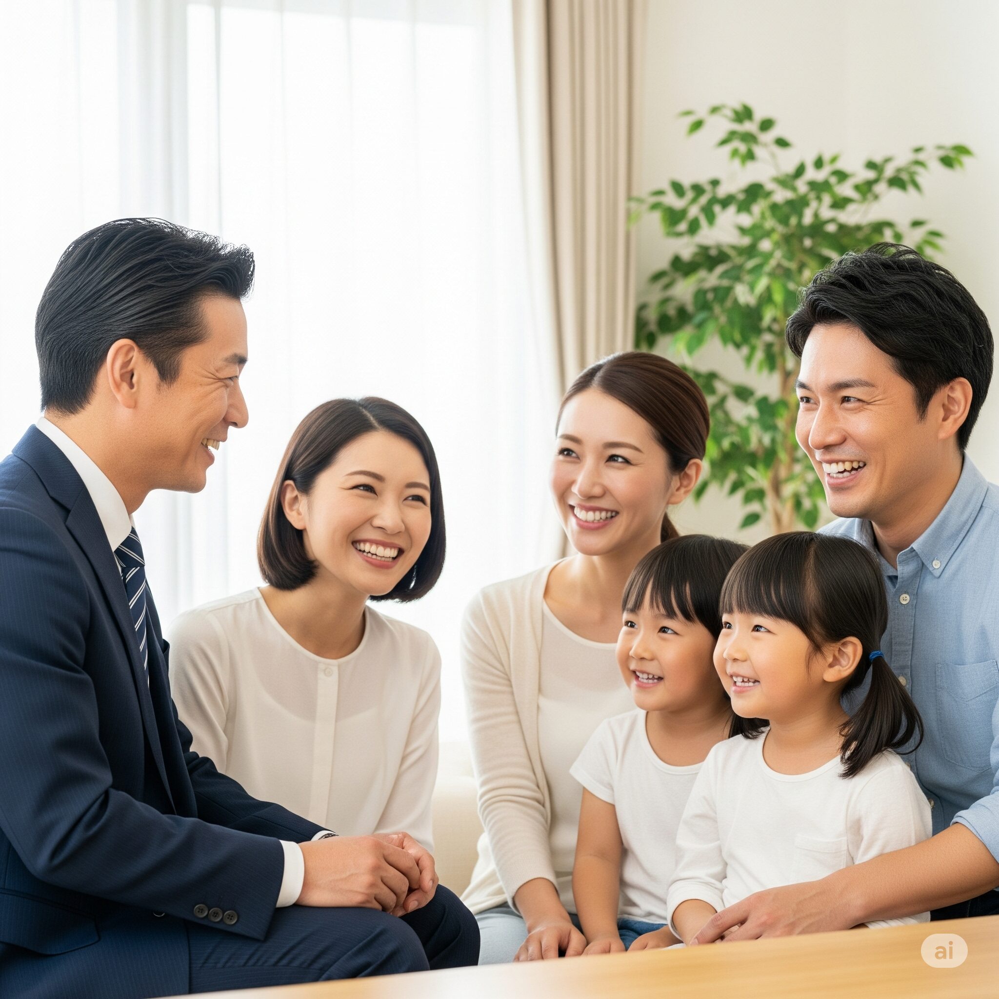 完成した住宅のアフターフォローについて、お客様と話すスマート建築の担当者