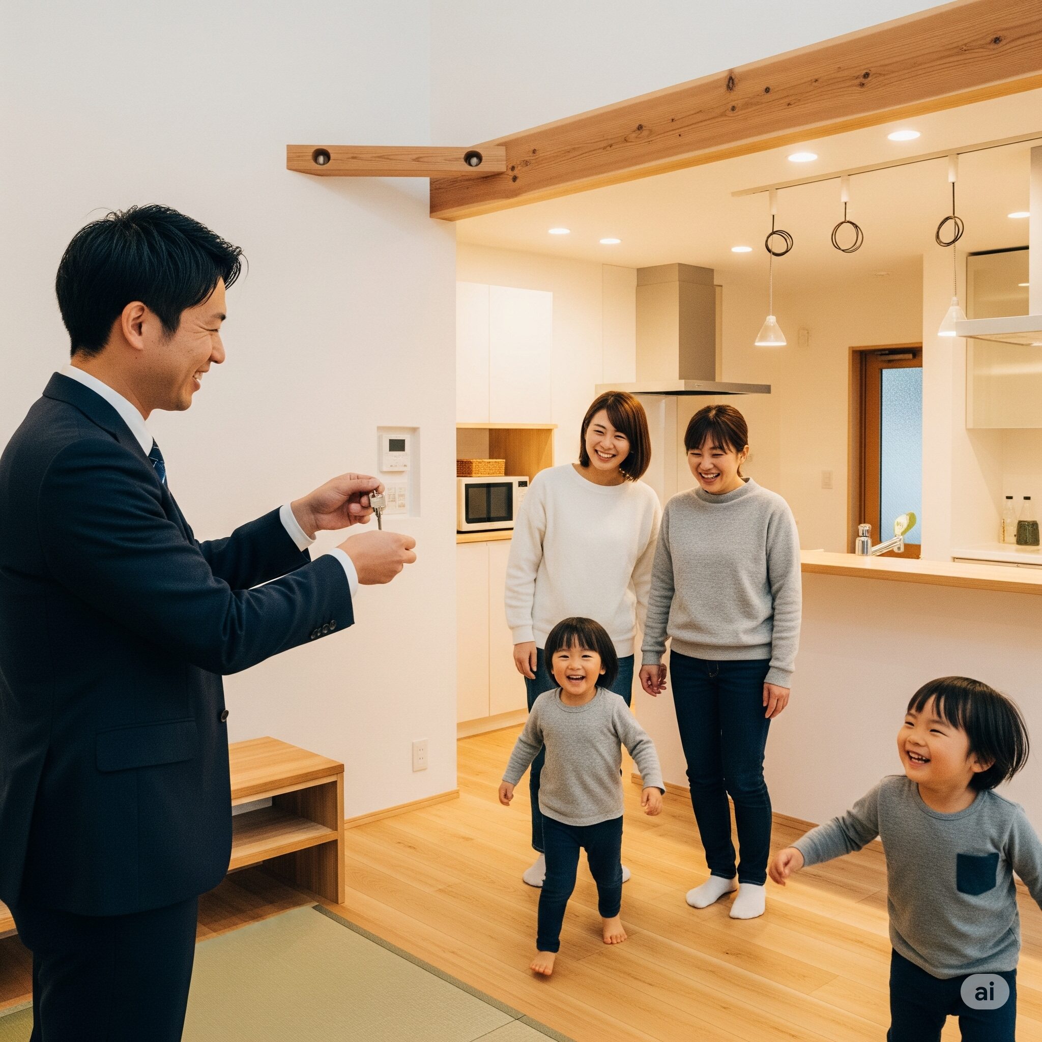 完成した新築住宅またはリフォーム後の鍵を、笑顔で受け取るお客様とスマート建築の担当者